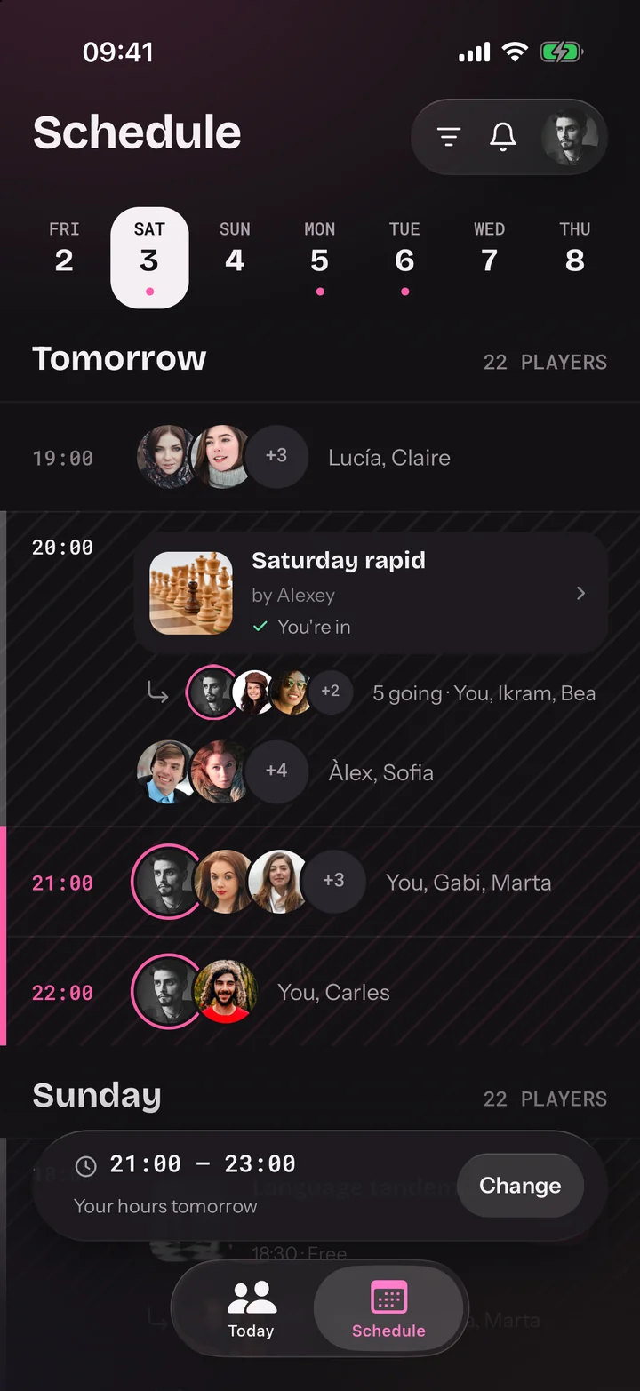 The Schedule in Partida: a strip of the week’s nights, then one night hour by hour, with the faces of who arrives when, an event in its hour, and your own hours striped in pink.
