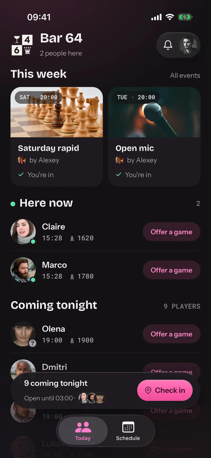 The Today screen in Partida: this week’s events at the top, then who’s here now and who’s coming tonight, each with an Offer a game button, and a Check in bar at the bottom.